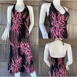 🔥Vintage Y2K Bebe Halter Neck Leaves Print Whimsigoth Hi-low Midi Dress